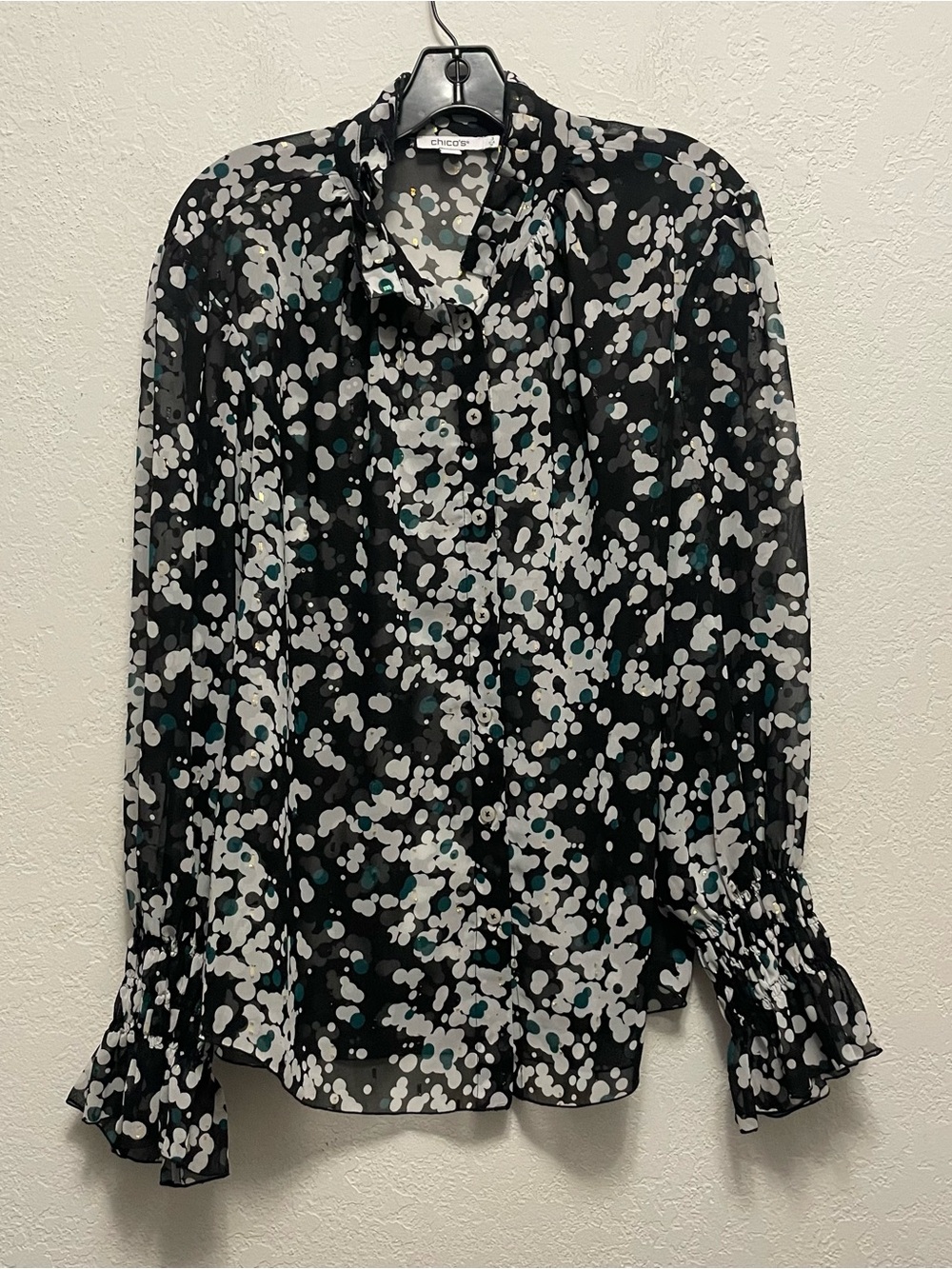 Chicos Ruffle Collar Bishop Sleeve Blouse Sz 3 US XL Black White Gold Sheer